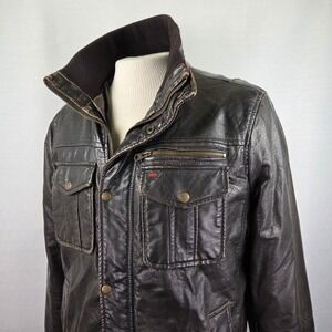 Levi's Brown Trucker Faux Leather Jacket Men's Medium Knit Collar Quilted Lining